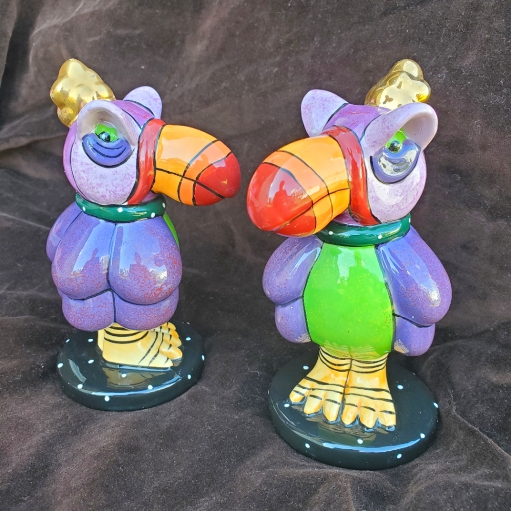 SWAK Lynda Corneille Toucan Salt Pepper Shaker Set Birds Signed Whimsical Colors